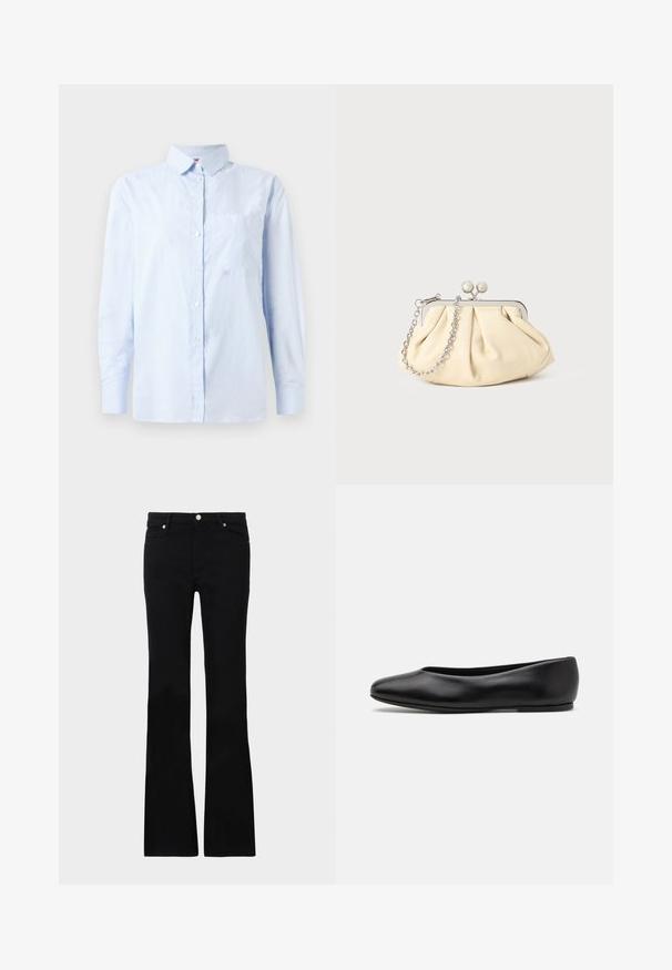 Granatowy wełniany płaszcz o dopasowanej sylwetce, z klapami, dwiema przednimi kieszeniami i prostym krojem. Gładka tekstura i minimalistyczne wykończenie.; Czarny sweter z dzianiny z długimi rękawami, okrągłym dekoltem i małym białym serduszkiem na klatce piersiowej. Miękka faktura oraz ściągacze na rękawach i u dołu.; Jasnoniebieska koszula z długim rękawem i guzikami, z delikatnymi pionowymi paskami i kieszenią na piersi, zaprezentowana na białym tle.; Czarne dzwony z denimu, z dwoma przednimi kieszeniami, zapięciem na guzik i gładką fakturą. Widoczne charakterystyczne szycie na szwach.; Paul Smith TOPANGA czarny; Złożona beżowa skórzana kopertówka z srebrną metalową ramą, z dwoma okrągłymi dekoracyjnymi zapięciami i srebrnym łańcuszkiem.