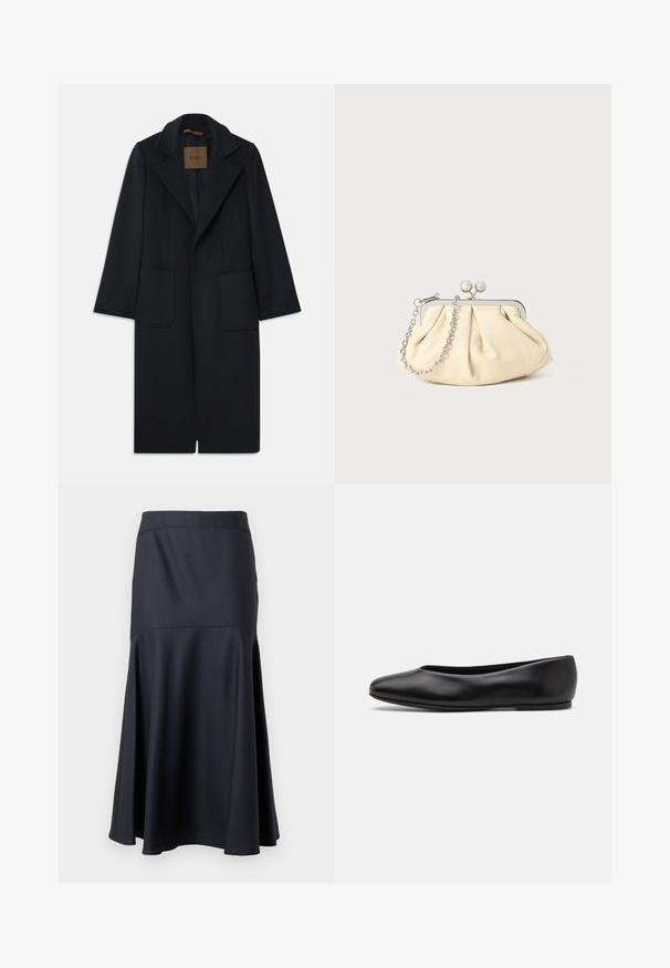 Manteau en laine marine avec une silhouette ajustée, revers crantés, deux poches avant et une coupe droite. Texture lisse et détails minimaux.; Pull en maille noir à manches longues, col rond, avec un petit cœur blanc sur la poitrine. Texture douce et poignets et ourlet côtelés.; Jupe noire taille haute en A avec une couture sous les hanches, s'élargissant vers l'ourlet, présentée sur un fond uni.; Paul Smith TOPANGA - Ballerines - black; Pochette en cuir beige plissé avec un cadre en métal argenté, dotée de deux fermoirs ronds décoratifs et d'une chaîne en argent.