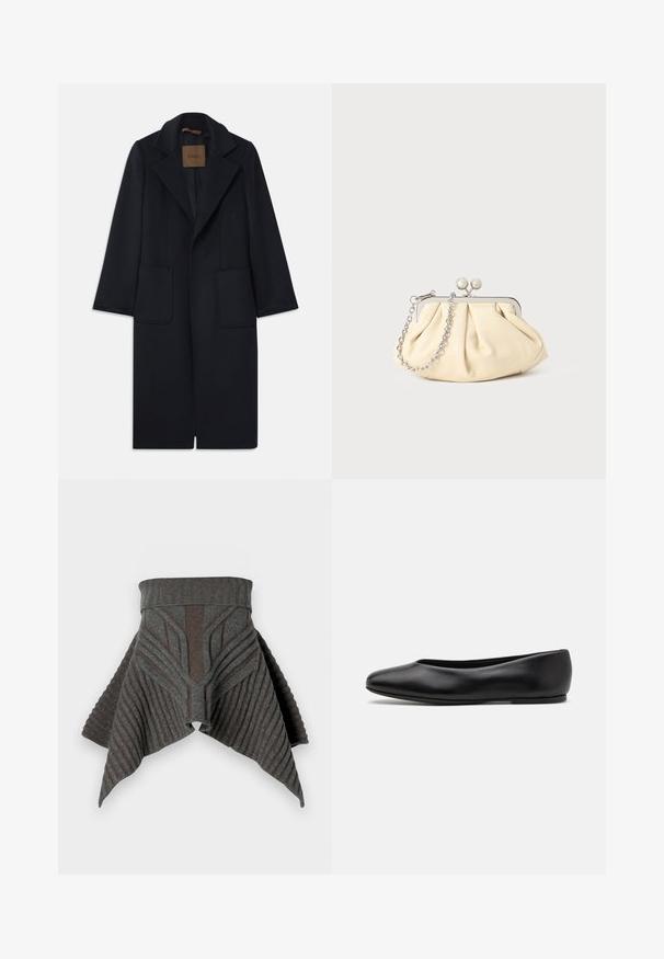 Merino villakangastakki, jossa on muotoiltu siluetti, lovetut kaulukset, kaksi etutaskua ja suora leikkaus. Silkkinen pinta ja hyvin vähäiset yksityiskohdat.; Mustaa neulepaitaa, jossa on pitkät hihat, pyöreä pääntie ja pieni valkoinen sydän rinnassa. Pehmeä rakenne ja ribbiohristukset hihansuissa sekä helmassa.; Harmaa neulehuivi, jossa on ribbien tekstuuri, esiintyy kulmikkaita kuvioita vaaleammassa sävyssä ja kapenee reunoilta, luoden virtaavan siluetin.; Paul Smith TOPANGA - Ballerinat - black; Beige nahkaista kassi, jossa on laskostus ja hopeinen metallirunko, kaksi pyöreää koristeellista solkea sekä hopeaketjuolkayh.