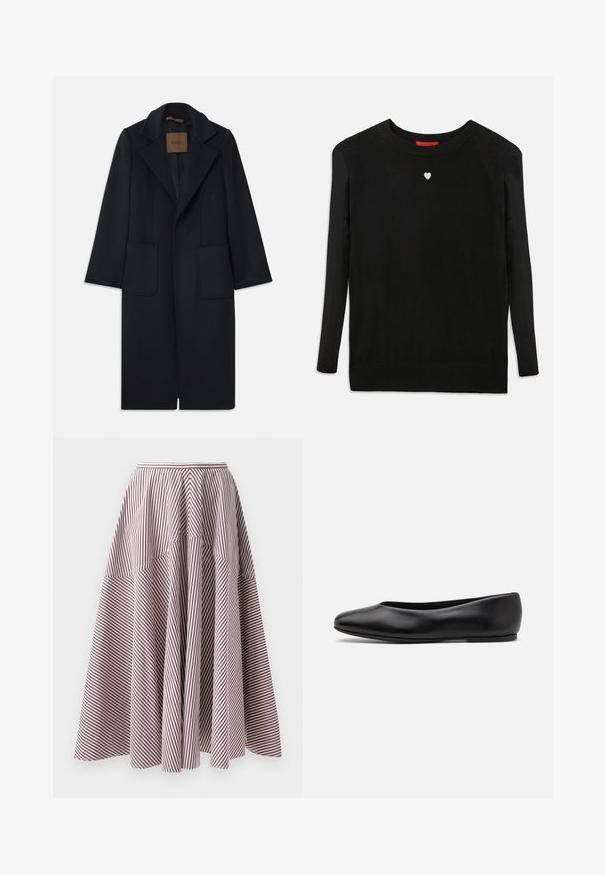 Cappotto di lana navy con silhouette su misura, revers a punta, due tasche frontali e taglio dritto. Texture liscia e dettagli minimi.; Maglione nero lavorato a maglia con maniche lunghe, scollo a girocollo e un piccolo cuore bianco sul petto. Tessuto morbido con polsini e orlo a coste.; Gonna a righe con linee verticali bianche e bordeaux, caratterizzata da un design a campana e una texture arricciata in vita, realizzata in tessuto leggero.; Paul Smith TOPANGA - Ballerine - black