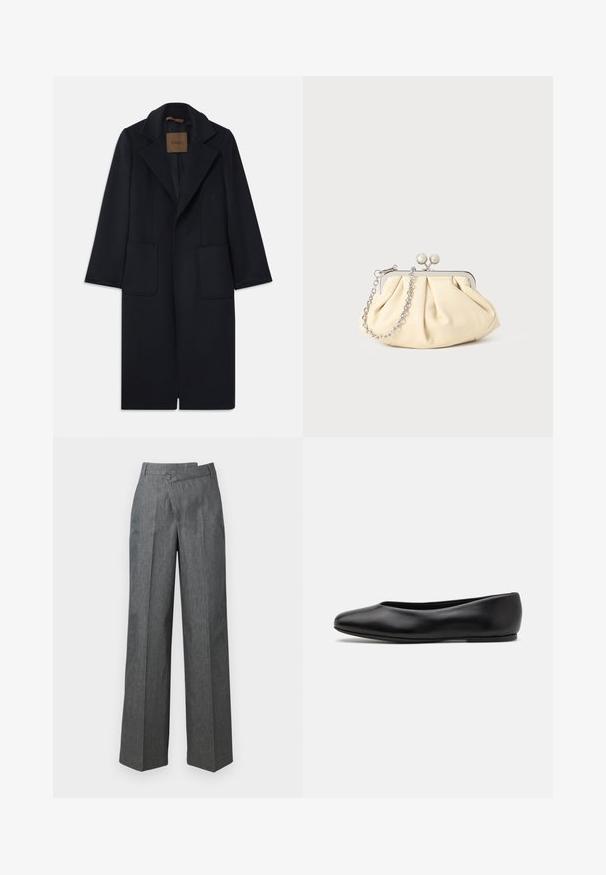 Marinblå ullrock med skräddarsydd silhuett, insvängda slag, två framfickor och rak passform. Slät textur och minimal detaljering.; Svart stickad tröja med långa ärmar, rundad halsringning och ett litet vitt hjärta på bröstet. Mjuk textur och ribbade ärmslut och nederkant.; Breda byxor i mörkgrått tyg, med hög midja, framfållar och en enda knappstängning på sidan.; Paul Smith TOPANGA - Ballerinaskor - black; Plisserad beige läderclutch med en silvermetallram, som har två runda dekorativa lås och en silverkedjestrap.
