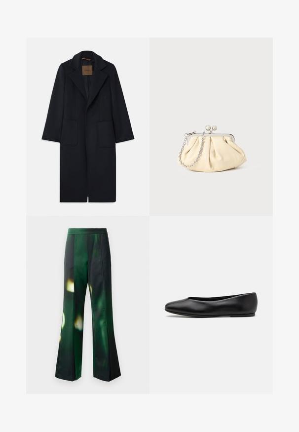 Manteau en laine marine avec une silhouette ajustée, revers crantés, deux poches avant et une coupe droite. Texture lisse et détails minimaux.; Pull en maille noir à manches longues, col rond, avec un petit cœur blanc sur la poitrine. Texture douce et poignets et ourlet côtelés.; Pantalons évasés en tissu satin vert et noir avec un motif abstrait, présentant une texture lisse et une taille structurée.; Paul Smith TOPANGA - Ballerines - black; Pochette en cuir beige plissé avec un cadre en métal argenté, dotée de deux fermoirs ronds décoratifs et d'une chaîne en argent.