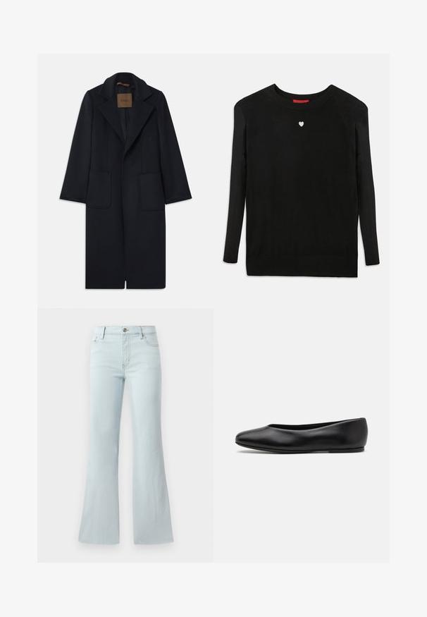 Mornarsko plašč iz volne s krojem, ki poudari postavo, z zareznimi reverji, dvema sprednjima žepoma in ravnim krojem. Gladka tekstura in minimalne podrobnosti.; Črna pletena jopica z dolgimi rokavi, okroglim izrezom in majhno belo srce na prsih. Mehak tekstura ter rebrasti manšeti in spodnji del.; Svijetloplave traperice s raširenim nogavicama. Imaju klasičan dizajn s pet džepova i prednje kopčanje na dugme. Glatka tekstura po cijeloj površini.; Paul Smith TOPANGA - Balerinke - black