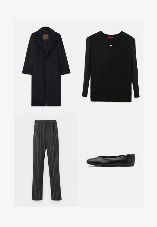 Cappotto di lana navy con silhouette su misura, revers a punta, due tasche frontali e taglio dritto. Texture liscia e dettagli minimi.; Maglione nero lavorato a maglia con maniche lunghe, scollo a girocollo e un piccolo cuore bianco sul petto. Tessuto morbido con polsini e orlo a coste.; Pantaloni grigi a righe realizzati in tessuto intrecciato. Presentano un vita alta, pince frontali e un design a gamba dritta. Chiusura con bottone standard.; Paul Smith TOPANGA - Ballerine - black