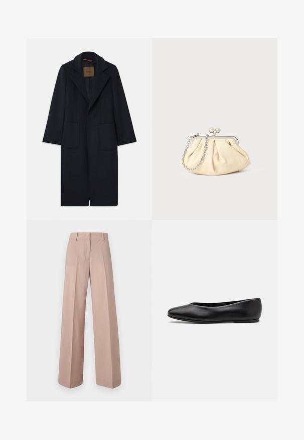 Marineblauer Wollmantel mit taillierter Silhouette, schmalen Revers, zwei vorderen Taschen und geradem Schnitt. Glatte Textur und minimale Details.; Schwarzer Strickpullover mit langen Ärmeln, Rundhalsausschnitt und einem kleinen weißen Herz auf der Brust. Weiche Textur sowie gerippte Bündchen und Saum.; Weite Hosen aus einem weichen rosa Stoff, mit flachem Vorderteil, Taillenbund mit Gürtelschlaufen und einer glatten Textur.; Paul Smith TOPANGA - Klassischer Ballerina - black; Faltige beigefarbene Ledertasche mit einem silbernen Metallrahmen, ausgestattet mit zwei runden dekorativen Verschlüssen und einem silbernen Kettenriemen.