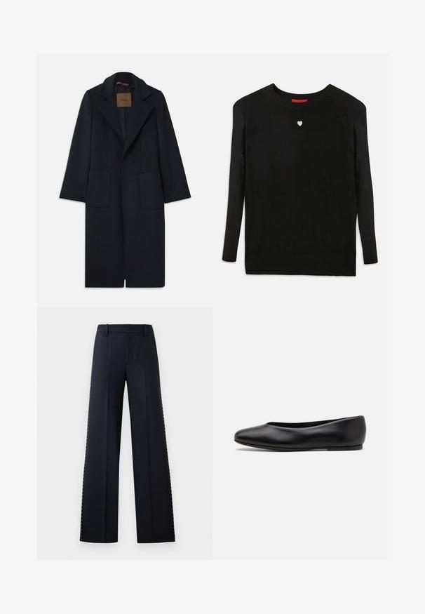 Marineblauwe wollen jas met een getailleerde silhouet, notch-rever, twee voorzakken en een rechte snit. Soepele textuur en minimale details.; Zwarte brei trui met lange mouwen, ronde hals en een klein wit hart op de borst. Zachte textuur met geribbelde boorden en onderzoom.; Zwarte wijde broek. Mooie pasvorm met een gladde textuur. Kenmerkt zich door een rij metalen studs langs de zijnaad voor extra detail.; Paul Smith TOPANGA - Ballerina's - black