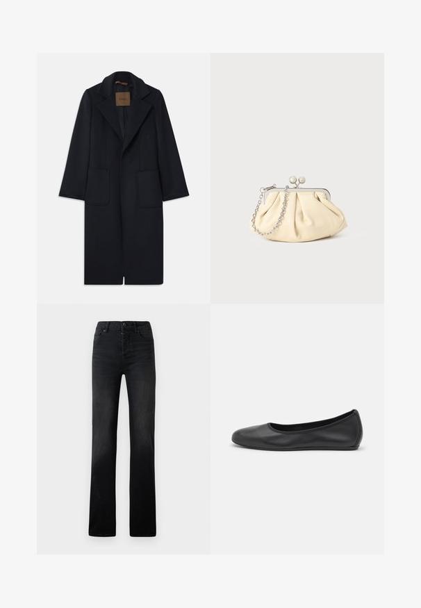 Jūrinis vilnos paltas su pritaikyta siluetu, notch tipo apykaklėmis, dviem priekinėmis kišenėmis ir tiesia forma. Lygi tekstūra ir minimalus dekoras.; Juodas megztinis su ilgomis rankovėmis, apvaliu kaklu ir maža balta širdimi ant krūtinės. Minkšta tekstūra ir riešo bei apvadų raštas.; Juodi džinsiniai tiesaus kirpimo džinsai su subtiliu nudėvėjimu, penki kišenės ir mygtukų uždarymas. Lygi tekstūra su minimaliais siūlės detalėmis.; Juodai odiniai baletai su apvaliu pirštu, lygi texture, minimalus siuvimo detales ir lanksčiu padų dizainu.; Plyšiniai smėlio spalvos odiniai rankinukai su sidabriniu metaliniu rėmu, turintys du apvalius dekoratyvinius užtrauktukus ir sidabrinę grandinėlę.