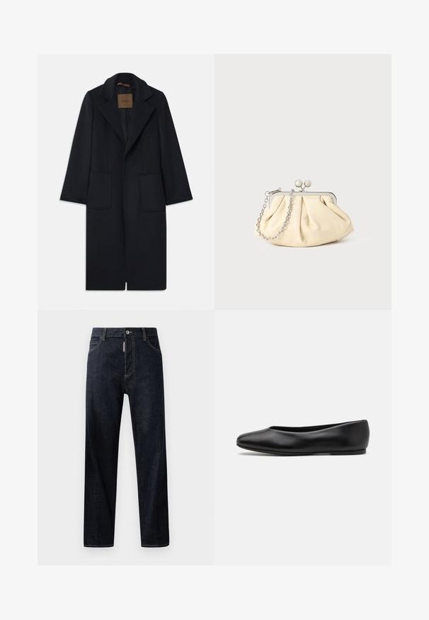 Mornarsko plašč iz volne s krojem, ki poudari postavo, z zareznimi reverji, dvema sprednjima žepoma in ravnim krojem. Gladka tekstura in minimalne podrobnosti.; Črna pletena jopica z dolgimi rokavi, okroglim izrezom in majhno belo srce na prsih. Mehak tekstura ter rebrasti manšeti in spodnji del.; Temno modri denim kavbojki s ravnim krojem, ki vključujejo gumbasto zapiranje, zanke za pas in svetlo kontrastno šivanje. Brez oblik ali vzorcev.; Paul Smith TOPANGA - Balerinke - black; Zavihani bež usnjeni nahrbtnik s srebrnim kovinskim okvirom, ki ima dve okrogli okrasni zaponki in srebrno verižico.