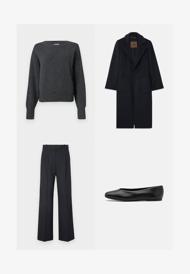 Marineblauer Wollmantel mit taillierter Silhouette, schmalen Revers, zwei vorderen Taschen und geradem Schnitt. Glatte Textur und minimale Details.; Dunkelgrauer Strickpullover mit rundem Ausschnitt, überschnittenen Schultern sowie gerippten Bündchen und Saum. Weiche Textur und leicht verkürzte Passform.; Dunkelblaue Nadelstreifenhosen mit hoher Taille, weit geschnittenem Bein und ohne sichtbare Beschläge oder Verzierungen. Glatte Textur und taillierte Passform.; Paul Smith TOPANGA - Klassischer Ballerina - black