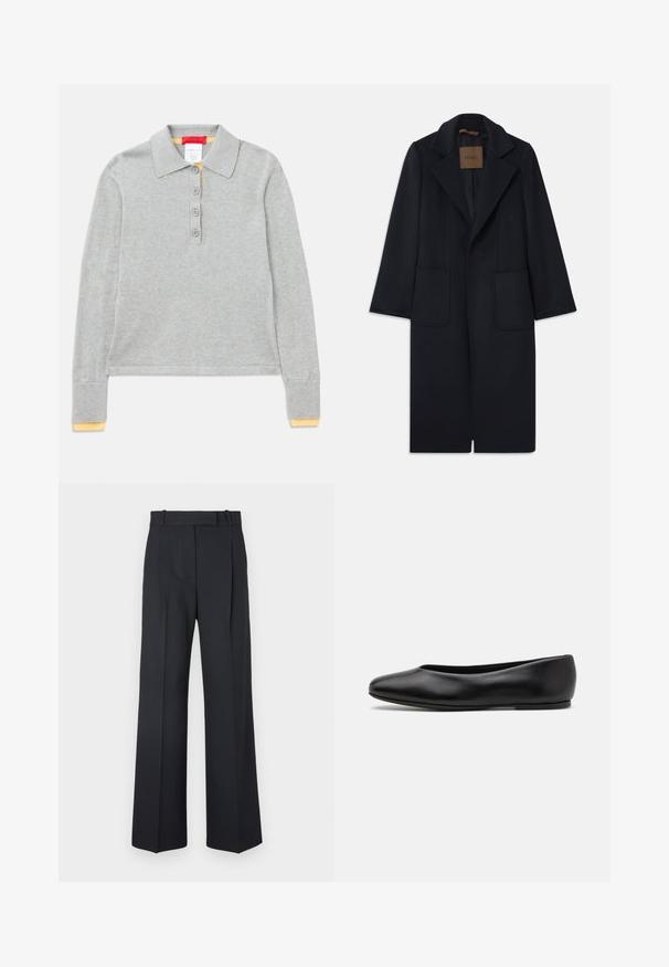 Navy wool coat with a tailored silhouette, notched lapels, two front pockets, and a straight cut. Smooth texture and minimal detailing.; Gray long-sleeve polo shirt with a collar, featuring four front buttons and ribbed cuffs with a yellow accent at the ends.; Dark blue pinstriped trousers with a high waist, wide leg design, and no visible hardware or embellishments. Smooth texture and tailored fit.; Paul Smith TOPANGA - Ballet pumps - black