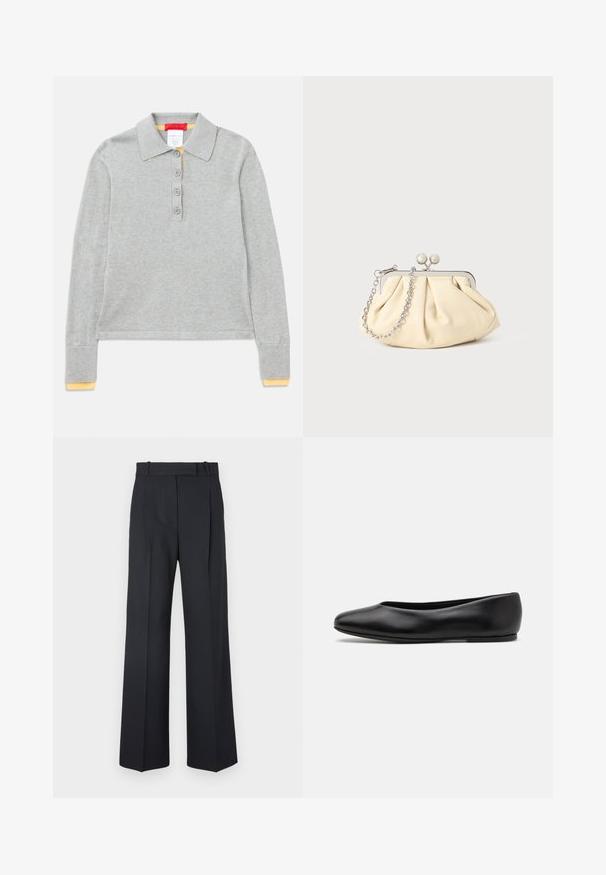 Cappotto di lana navy con silhouette su misura, revers a punta, due tasche frontali e taglio dritto. Texture liscia e dettagli minimi.; Polo shirt grigio a maniche lunghe con colletto, dotato di quattro bottoni frontali e polsini a coste con un accento giallo alle estremità.; Pantaloni a righe blu scuro con vita alta, design a gamba larga e senza hardware o decorazioni visibili. Tessuto liscio e vestibilità sartoriale.; Paul Smith TOPANGA - Ballerine - black; Clutch in pelle beige plissettata con una struttura in metallo argento, dotata di due chiusure decorative rotonde e una tracolla in catena argentata.