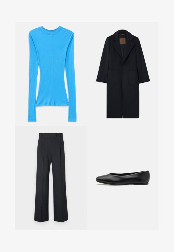 Marineblauer Wollmantel mit taillierter Silhouette, schmalen Revers, zwei vorderen Taschen und geradem Schnitt. Glatte Textur und minimale Details.; Langärmliges, eng anliegendes Oberteil in leuchtendem Blau, aus Rippstoff gefertigt. Verfügt über einen runden Ausschnitt und eine leicht taillierte Taille.; Dunkelblaue Nadelstreifenhosen mit hoher Taille, weit geschnittenem Bein und ohne sichtbare Beschläge oder Verzierungen. Glatte Textur und taillierte Passform.; Paul Smith TOPANGA - Klassischer Ballerina - black
