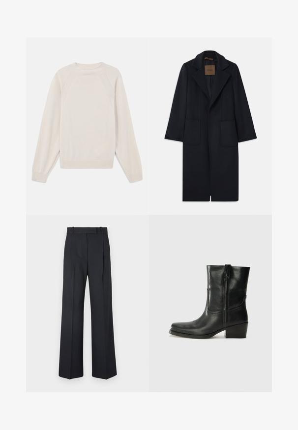 Marineblauer Wollmantel mit taillierter Silhouette, schmalen Revers, zwei vorderen Taschen und geradem Schnitt. Glatte Textur und minimale Details.; Hellbeige Pullover aus weichem Strickstoff. Mit Rundhalsausschnitt, langen Ärmeln und gerippten Bündchen sowie Saum im Raglan-Schnitt.; Dunkelblaue Nadelstreifenhosen mit hoher Taille, weit geschnittenem Bein und ohne sichtbare Beschläge oder Verzierungen. Glatte Textur und taillierte Passform.; Schwarze Leder-Ankle Boots mit runder Zehenform, Blockabsatz, seitlichem Reißverschluss und gestickten Akzenten auf dem Blatt. Glatte Textur, klassisches Design.