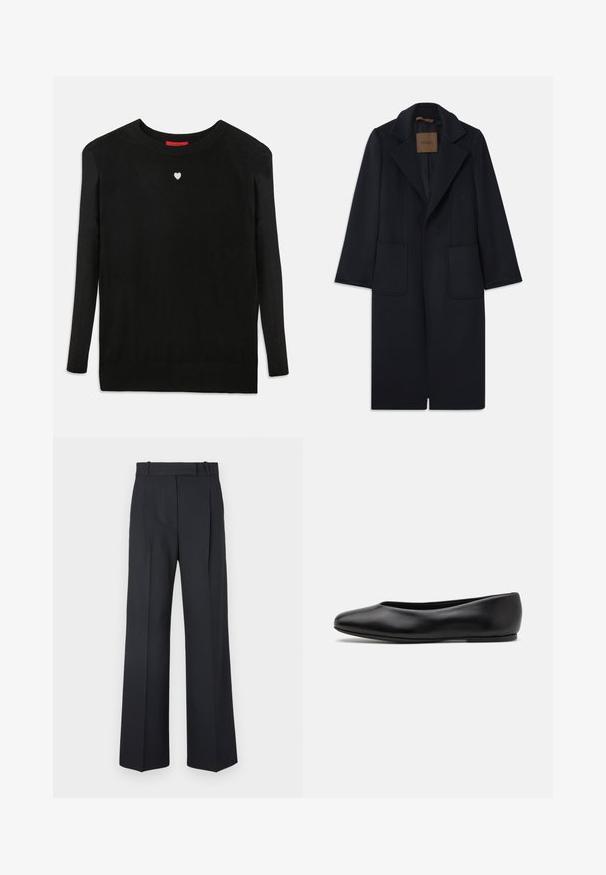 Marineblauer Wollmantel mit taillierter Silhouette, schmalen Revers, zwei vorderen Taschen und geradem Schnitt. Glatte Textur und minimale Details.; Schwarzer Strickpullover mit langen Ärmeln, Rundhalsausschnitt und einem kleinen weißen Herz auf der Brust. Weiche Textur sowie gerippte Bündchen und Saum.; Dunkelblaue Nadelstreifenhosen mit hoher Taille, weit geschnittenem Bein und ohne sichtbare Beschläge oder Verzierungen. Glatte Textur und taillierte Passform.; Paul Smith TOPANGA - Klassischer Ballerina - black