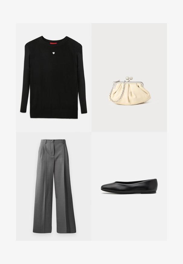 Granatowy wełniany płaszcz o dopasowanej sylwetce, z klapami, dwiema przednimi kieszeniami i prostym krojem. Gładka tekstura i minimalistyczne wykończenie.; Czarny sweter z dzianiny z długimi rękawami, okrągłym dekoltem i małym białym serduszkiem na klatce piersiowej. Miękka faktura oraz ściągacze na rękawach i u dołu.; Szare, szerokie spodnie wykonane z teksturowanej tkaniny o subtelnym wzorze. Posiadają fałdy z przodu oraz pas ze szlufkami na pasek.; Paul Smith TOPANGA czarny; Złożona beżowa skórzana kopertówka z srebrną metalową ramą, z dwoma okrągłymi dekoracyjnymi zapięciami i srebrnym łańcuszkiem.