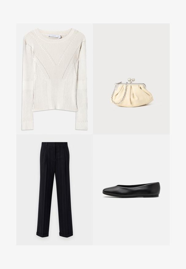 Marineblauer Wollmantel mit taillierter Silhouette, schmalen Revers, zwei vorderen Taschen und geradem Schnitt. Glatte Textur und minimale Details.; Rippstrick-Cremepullover mit weitem Ausschnitt, langen Ärmeln und ausgeprägten, eckigen Mustern entlang der Vorderseite und der Ärmel, mit strukturierter Oberfläche.; Schwarz gestreifte Hose mit tailliertem Schnitt, mit einem umgeschlagenen Saum und vorderen Falten. Hergestellt aus glattem Stoff mit einer strukturierten Gestaltung.; Paul Smith TOPANGA - Klassischer Ballerina - black; Faltige beigefarbene Ledertasche mit einem silbernen Metallrahmen, ausgestattet mit zwei runden dekorativen Verschlüssen und einem silbernen Kettenriemen.