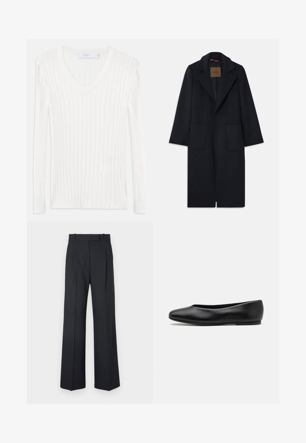 Cappotto di lana navy con silhouette su misura, revers a punta, due tasche frontali e taglio dritto. Texture liscia e dettagli minimi.; Maglietta a maniche lunghe bianca in maglia a coste con scollo a V. Tessuto morbido e design aderente. Presenta linee verticali sottili e spacco laterale.; Pantaloni a righe blu scuro con vita alta, design a gamba larga e senza hardware o decorazioni visibili. Tessuto liscio e vestibilità sartoriale.; Paul Smith TOPANGA - Ballerine - black