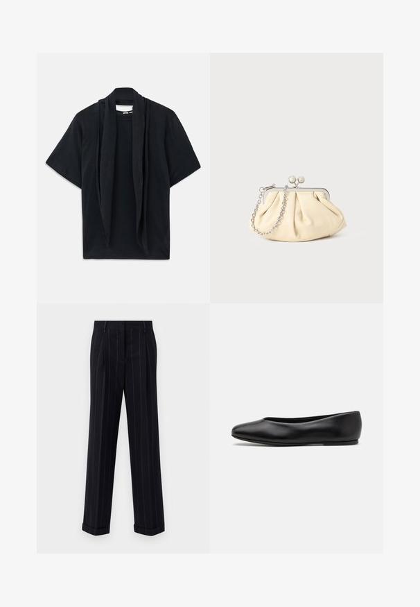 Cappotto di lana navy con silhouette su misura, revers a punta, due tasche frontali e taglio dritto. Texture liscia e dettagli minimi.; T-shirt nera a maniche corte con dettaglio di sciarpa drappeggiata sul collo. Tessuto morbido, vestibilità rilassata e silhouette ampia.; Pantaloni neri a righe sottili con una vestibilità su misura, dotati di orlo con risvolto e pieghe frontali. Realizzati in un tessuto liscio con un design strutturato.; Paul Smith TOPANGA - Ballerine - black; Clutch in pelle beige plissettata con una struttura in metallo argento, dotata di due chiusure decorative rotonde e una tracolla in catena argentata.