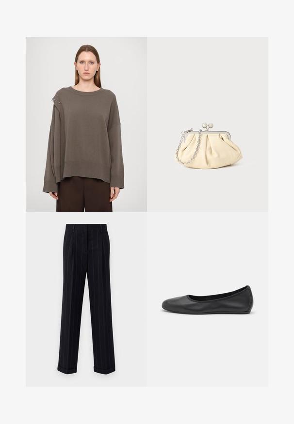 Tengerészkék gyapjú kabát, testre szabott sziluettel, lekerekített hajtókákkal, két elülső zsebbel és egyenes szabással. Sima textúra és minimális részletezés.; Barna, oversize pulóver hosszú ujakkal, bordás mandzsettákkal, széles nyakkivágással és ezüst díszítéssel a vállon. Puha kötött textúra.; Fekete csíkos nadrág, testre szabott fazonnal, cuffolt szegéllyel és elülső redőkkel. Sima anyagból készült, strukturált kialakítással.; Fekete bőr balettcipő lekerekített orral, sima tekstúrával, minimális varrással és rugalmas talp kialakítással.; Pleátolt bézs bőr válltáska ezüst fém kerettel, két kerek díszcsattal és ezüst lánc pánttal.