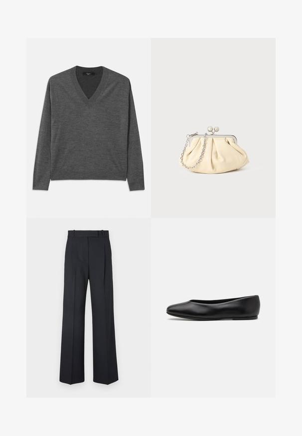 Cappotto di lana navy con silhouette su misura, revers a punta, due tasche frontali e taglio dritto. Texture liscia e dettagli minimi.; Maglione grigio a V con maniche lunghe, realizzato in materiale morbido. Presenta un orlo e polsini a coste, texture uniforme senza motivi.; Pantaloni a righe blu scuro con vita alta, design a gamba larga e senza hardware o decorazioni visibili. Tessuto liscio e vestibilità sartoriale.; Paul Smith TOPANGA - Ballerine - black; Clutch in pelle beige plissettata con una struttura in metallo argento, dotata di due chiusure decorative rotonde e una tracolla in catena argentata.