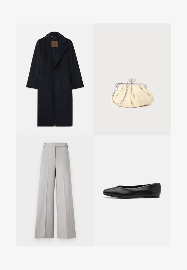 Námořnický vlněný kabát s přiléhavým siluetou, klopovými límci, dvěma předními kapsami a rovný střih. Hladká textura a minimalistické detaily.; Bílá košile s dlouhým rukávem a knoflíkovým zapínáním, s špičatým límcem, jednou náprsní kapsou a manžetami. Vyrobena z hladké, lehké látky.; Svetle šedé kalhoty s volným střihem a hladkou texturou, s upraveným pasem a přehybem vpředu pro vytříbený vzhled.; Paul Smith TOPANGA - Klasické baleríny  - black; Plisovaná béžová kožená kabelka na psaní s rámem ze stříbrného kovu, vybavená dvěma kulatými dekorativními uzávěry a stříbrným řetízkem.