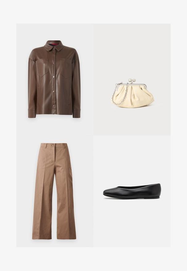 Navy wool coat with a tailored silhouette, notched lapels, two front pockets, and a straight cut. Smooth texture and minimal detailing.; Brown faux leather shirt jacket with a collared neck, front button closure, and two chest pockets. Features smooth texture and tailored fit.; Brown wide-leg trousers made from a smooth fabric, featuring a front button closure, two front pockets, and clean, tailored lines.; Paul Smith TOPANGA - Ballet pumps - black; Pleated beige leather clutch with a silver metal frame, featuring two round decorative clasps and a silver chain strap.