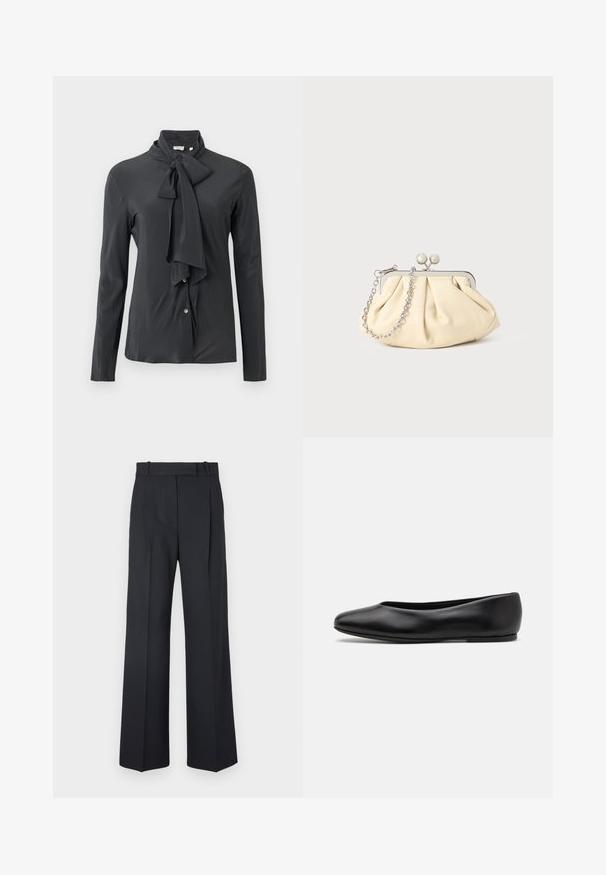 Navy wool coat with a tailored silhouette, notched lapels, two front pockets, and a straight cut. Smooth texture and minimal detailing.; Dark grey blouse with a tied neck collar, long sleeves, and button front closure. Made of smooth fabric with a slight sheen.; Dark blue pinstriped trousers with a high waist, wide leg design, and no visible hardware or embellishments. Smooth texture and tailored fit.; Paul Smith TOPANGA - Ballet pumps - black; Pleated beige leather clutch with a silver metal frame, featuring two round decorative clasps and a silver chain strap.