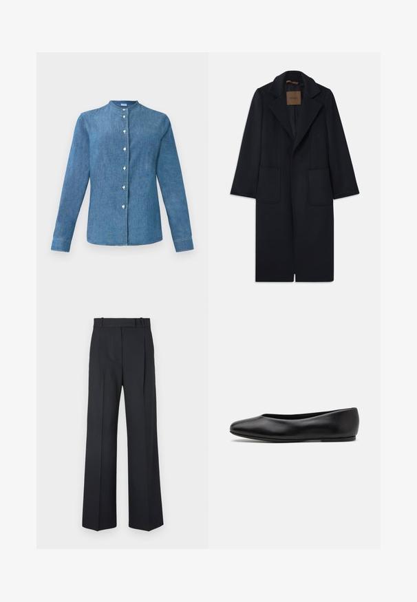 Marineblauer Wollmantel mit taillierter Silhouette, schmalen Revers, zwei vorderen Taschen und geradem Schnitt. Glatte Textur und minimale Details.; Blaue Denim-Hemd mit langen Ärmeln, Stehkragen und weißen Knöpfen auf der Vorderseite.; Dunkelblaue Nadelstreifenhosen mit hoher Taille, weit geschnittenem Bein und ohne sichtbare Beschläge oder Verzierungen. Glatte Textur und taillierte Passform.; Paul Smith TOPANGA - Klassischer Ballerina - black