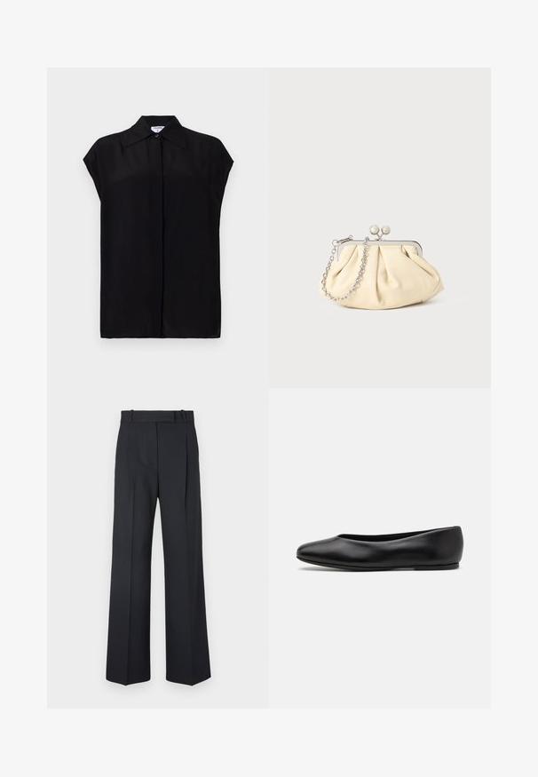Cappotto di lana navy con silhouette su misura, revers a punta, due tasche frontali e taglio dritto. Texture liscia e dettagli minimi.; Blusa nera a maniche corte realizzata in tessuto liscio. Presenta un colletto a punta e una chiusura con bottoni sulla parte anteriore. Design pulito e minimalista.; Pantaloni a righe blu scuro con vita alta, design a gamba larga e senza hardware o decorazioni visibili. Tessuto liscio e vestibilità sartoriale.; Paul Smith TOPANGA - Ballerine - black; Clutch in pelle beige plissettata con una struttura in metallo argento, dotata di due chiusure decorative rotonde e una tracolla in catena argentata.
