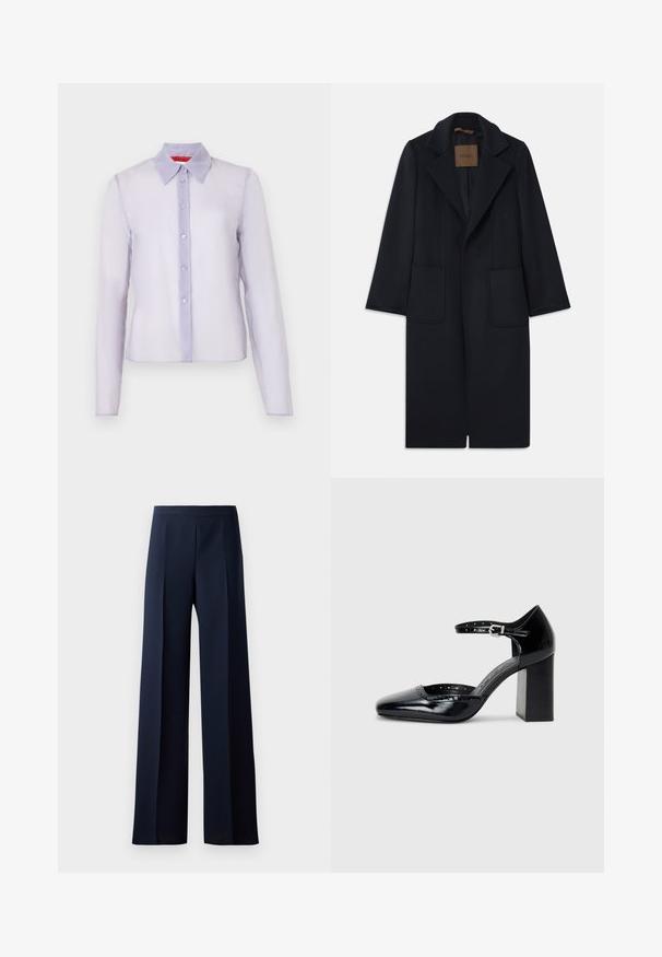 Navy wool coat with a tailored silhouette, notched lapels, two front pockets, and a straight cut. Smooth texture and minimal detailing.; Light purple, long-sleeve shirt made of sheer fabric with a classic collar, front button closure, and subtle texture.; Wide-leg trousers in dark navy fabric, featuring a smooth texture, subtle front pleats, and a fitted waistband for a streamlined silhouette.; Black patent leather high-heeled shoes with a square toe, ankle strap, and a chunky heel. Includes perforated detailing along the rim.