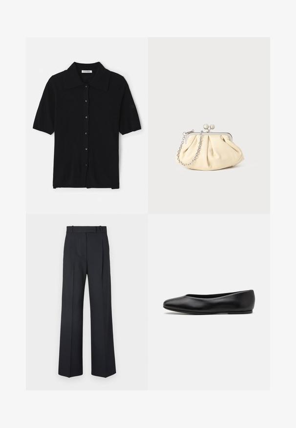 Marineblå uldfrakke med skræddersyet silhuet, spidse klapper, to lommer foran og lige skæring. Glat tekstur og minimalistisk detaljering.; Sort kortærmet cardigan lavet af blødt stof, med spidse kraver, knaplukning og diskret branding på ærmet.; Mørkeblå stribede bukser med høj talje, vidde bendesign og ingen synlig hardware eller dekorationer. Glat tekstur og skræddersyet pasform.; Paul Smith TOPANGA - Ballerinasko - black; Plisseret beige læderclutch med en sølvmetalramme, der har to runde dekorative låse og en sølvkædetrasporte.