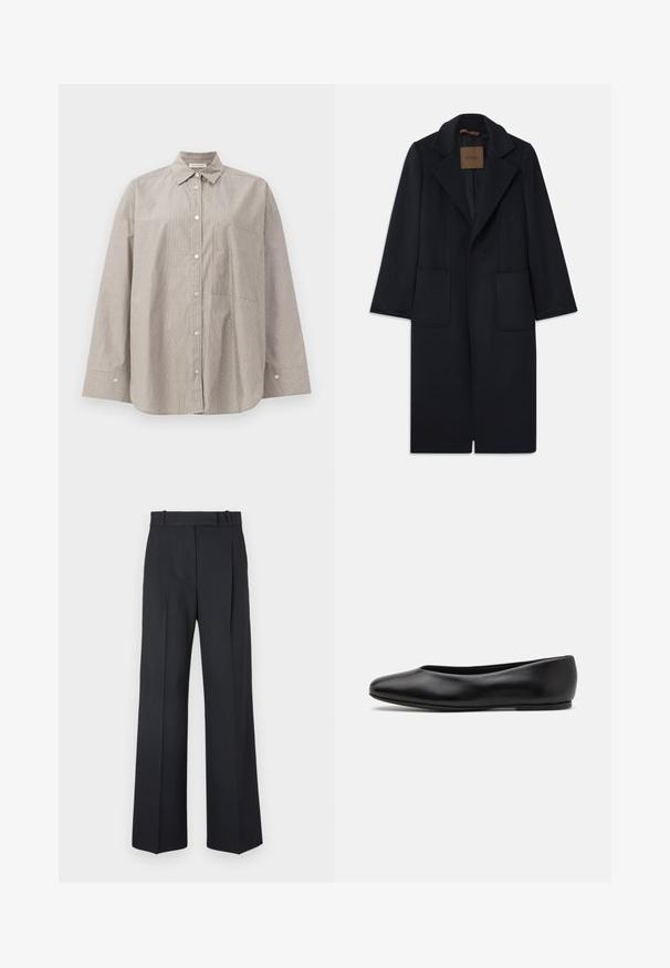 Marineblauer Wollmantel mit taillierter Silhouette, schmalen Revers, zwei vorderen Taschen und geradem Schnitt. Glatte Textur und minimale Details.; Gestreiftes Button-Down-Hemd in Beige und Weiß, mit spitzem Kragen, langen Ärmeln, Fronttasche und lässiger Passform.; Dunkelblaue Nadelstreifenhosen mit hoher Taille, weit geschnittenem Bein und ohne sichtbare Beschläge oder Verzierungen. Glatte Textur und taillierte Passform.; Paul Smith TOPANGA - Klassischer Ballerina - black