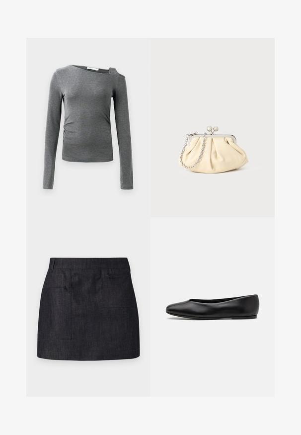 Merino villakangastakki, jossa on muotoiltu siluetti, lovetut kaulukset, kaksi etutaskua ja suora leikkaus. Silkkinen pinta ja hyvin vähäiset yksityiskohdat.; Harmaa pitkähihainen paita, joka on valmistettu pehmeästä kankaasta. Siinä on venepääntie ja yksi olkapään aukko, jossa on hieman rypytystä sivuilla.; Tummansininen farkkuhame, jossa on suora leikkaus, kahdella etutaskulla ja hienovaraisella tekstuurilla. Siisti helma ja standardimallinen vyötärö.; Paul Smith TOPANGA - Ballerinat - black; Beige nahkaista kassi, jossa on laskostus ja hopeinen metallirunko, kaksi pyöreää koristeellista solkea sekä hopeaketjuolkayh.