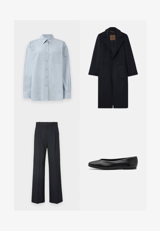 Marineblå uldfrakke med skræddersyet silhuet, spidse klapper, to lommer foran og lige skæring. Glat tekstur og minimalistisk detaljering.; Lysblå langærmet skjorte med knapper, spidse krave og brystlomme, liggende fladt på en hvid baggrund.; Mørkeblå stribede bukser med høj talje, vidde bendesign og ingen synlig hardware eller dekorationer. Glat tekstur og skræddersyet pasform.; Paul Smith TOPANGA - Ballerinasko - black