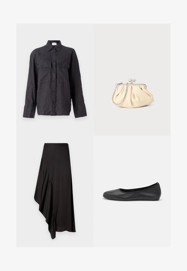 Cappotto di lana navy con silhouette su misura, revers a punta, due tasche frontali e taglio dritto. Texture liscia e dettagli minimi.; Camicia in lino nera con bottoni frontali, due tasche sul petto, maniche lunghe e colletto classico. Tessuto strutturato con una vestibilità morbida.; AERON ASTER SKIRT - Gonna a tubino - black; Pantofole da balletto nere in pelle con punta arrotondata, texture liscia, dettagli di cucitura minimi e design con suola flessibile.; Clutch in pelle beige plissettata con una struttura in metallo argento, dotata di due chiusure decorative rotonde e una tracolla in catena argentata.