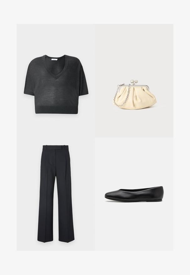 Marineblauer Wollmantel mit taillierter Silhouette, schmalen Revers, zwei vorderen Taschen und geradem Schnitt. Glatte Textur und minimale Details.; Schwarzes, kurzes T-Shirt aus leichtem Stoff, mit V-Ausschnitt, kurzen Ärmeln und geripptem Saum. Minimalistisches Design ohne Muster oder Akzente.; Dunkelblaue Nadelstreifenhosen mit hoher Taille, weit geschnittenem Bein und ohne sichtbare Beschläge oder Verzierungen. Glatte Textur und taillierte Passform.; Paul Smith TOPANGA - Klassischer Ballerina - black; Faltige beigefarbene Ledertasche mit einem silbernen Metallrahmen, ausgestattet mit zwei runden dekorativen Verschlüssen und einem silbernen Kettenriemen.