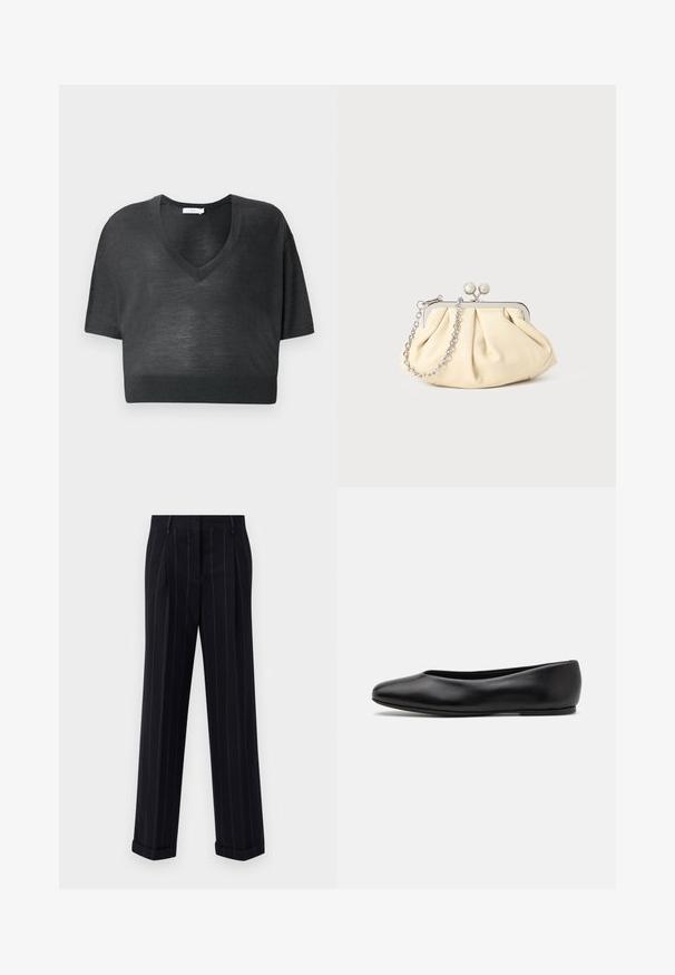 Merino villakangastakki, jossa on muotoiltu siluetti, lovetut kaulukset, kaksi etutaskua ja suora leikkaus. Silkkinen pinta ja hyvin vähäiset yksityiskohdat.; Musta lyhythihainen T-paita kevyestä kankaasta, jossa on V-pääntie, lyhyet hihat ja ribattu helmakuja. Minimalistinen muotoilu, ei kuvioita tai koristeluja.; Musta raidallinen housut, joissa on säädettävä istuvuus, varustettuna kääntölahkeilla ja etukäpälillä. Valmistettu sileästä kankaasta, jossa on jämäkkä muotoilu.; Paul Smith TOPANGA - Ballerinat - black; Beige nahkaista kassi, jossa on laskostus ja hopeinen metallirunko, kaksi pyöreää koristeellista solkea sekä hopeaketjuolkayh.