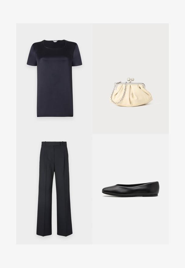 Mornarsko plašč iz volne s krojem, ki poudari postavo, z zareznimi reverji, dvema sprednjima žepoma in ravnim krojem. Gladka tekstura in minimalne podrobnosti.; Mornarsko modra kratka majica s kratkimi rokavi iz gladkega, sijočega materiala s kvadratnim izrezom in ohlapnim krojem. Brez vzorcev ali okraskov.; Temno modri hlače s pinstripi, visokim pasom, širokimi nogami in brez vidnih kovinskih delov ali okrasnih elementov. Gladka tekstura in prilagojen kroj.; Paul Smith TOPANGA - Balerinke - black; Zavihani bež usnjeni nahrbtnik s srebrnim kovinskim okvirom, ki ima dve okrogli okrasni zaponki in srebrno verižico.