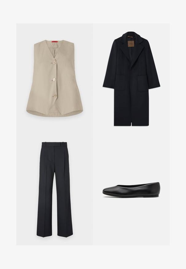 Marineblå uldfrakke med skræddersyet silhuet, spidse klapper, to lommer foran og lige skæring. Glat tekstur og minimalistisk detaljering.; Beige ærmeløs vest med V-hals, der har tre træknapper og en lige kant. Lavet af glat stof med et enkelt design.; Mørkeblå stribede bukser med høj talje, vidde bendesign og ingen synlig hardware eller dekorationer. Glat tekstur og skræddersyet pasform.; Paul Smith TOPANGA - Ballerinasko - black