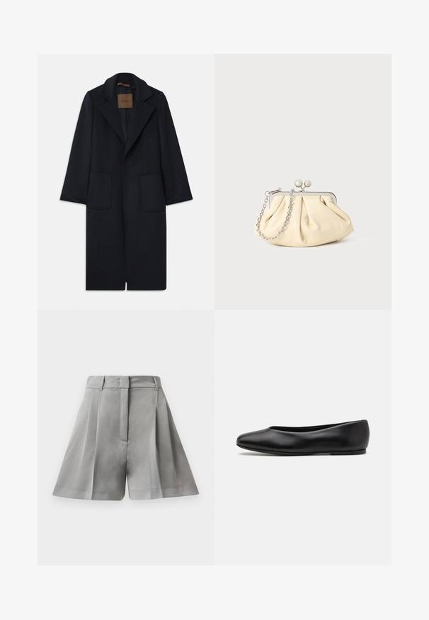 Mornarska vuna jakna s krojem po mjeri, s izrezanim reverima, dva prednja džepa i ravnim krojem. Glatka tekstura i minimalni detalji.; Crni dugi rukav turtleneck majica izrađena od glatkog materijala, s volanima oko vrata i uskim siluetom s jednostavnim rubovima.; Sive kratke hlače od glatkog materijala, sa visokim strukom, prednjim džepovima i krojem s čistim linijama.; Paul Smith TOPANGA - Balerinke - black; Nabrana bež kožna torbica s srebrnim metalnim okvirom, koja sadrži dva okrugla dekorativna kopčanja i srebrnu lančanu naramenicu.