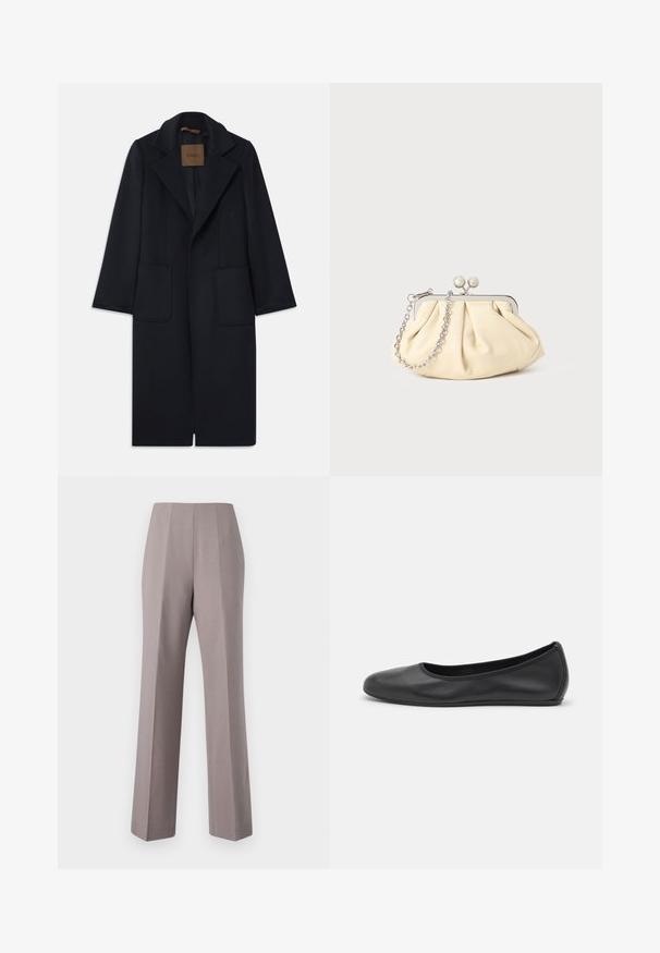Marineblauwe wollen jas met een getailleerde silhouet, notch-rever, twee voorzakken en een rechte snit. Soepele textuur en minimale details.; Zwarte langärmelige turtleneck top van soepel stof, met een gerimpelde hals en een aansluitende silhouet met eenvoudige randen.; Grijze op maat gemaakte broeken met een hoge taille, brede pijpen en scherpe voorplooien. Gemaakt van een gladde stof, met schone randen en geen zichtbare hardware.; Zwarte leren ballerina met een ronde neus, gladde textuur, minimale stikdetails en een flexibele zoolontwerp.; Geplooide beige leren clutch met een zilveren metalen frame, voorzien van twee ronde decoratieve sluitingen en een zilveren kettingriem.