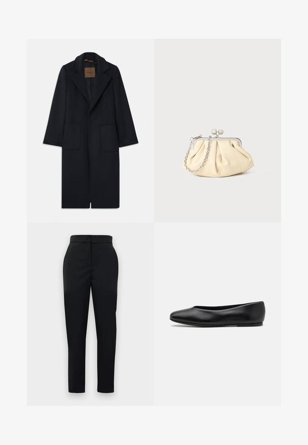Granatowy wełniany płaszcz o dopasowanej sylwetce, z klapami, dwiema przednimi kieszeniami i prostym krojem. Gładka tekstura i minimalistyczne wykończenie.; Czarny, długi rękaw, golf z gładkiego materiału, z falbaniastym kołnierzem i dopasowanym krojem z prostymi brzegami.; Czarne dopasowane spodnie z gładką teksturą, prostym krojem i zamkiem błyskawicznym z przodu. Cechują się minimalistycznym wzornictwem i czystymi liniami.; Paul Smith TOPANGA czarny; Złożona beżowa skórzana kopertówka z srebrną metalową ramą, z dwoma okrągłymi dekoracyjnymi zapięciami i srebrnym łańcuszkiem.