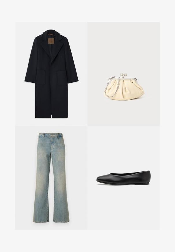 Abrigo de lana azul marino con una silueta entallada, solapas muescas, dos bolsillos frontales y un corte recto. Textura suave y detalles mínimos.; Top de manga larga, color beige claro, con cuello redondo. Fabricado en un tejido suave, presenta una costura central y un dobladillo ligeramente curvado. Sin herrajes visibles.; Jeans de mezclilla de corte ancho en azul claro con una cintura alta, cierre de botón y textura deslavada. Cuenta con un diseño clásico de cinco bolsillos y piernas rectas.; Paul Smith TOPANGA - Bailarinas - black; Clutch de cuero beige plisado con un marco de metal plateado, que cuenta con dos broches decorativos redondos y una correa de cadena plateada.