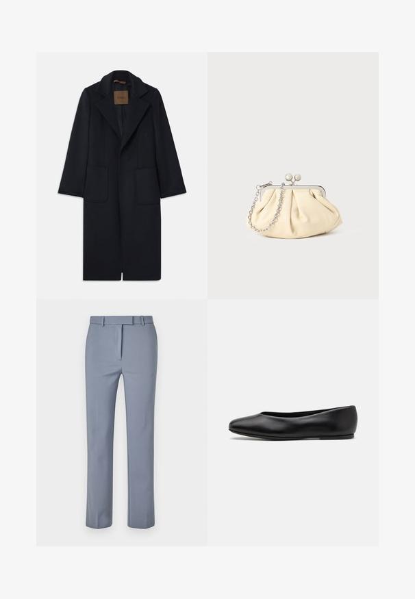 Marineblauer Wollmantel mit taillierter Silhouette, schmalen Revers, zwei vorderen Taschen und geradem Schnitt. Glatte Textur und minimale Details.; Schwarzes Tanktop mit dünnen Spaghetti-Trägern, aus geripptem Stoff, mit geradem Schnitt und einem Etikett am Hals, auf dem "IVY OAK" steht.; Helle blaue Hose aus glattem Stoff, mit flachem Vorderdesign, Gürtelschlaufen und einer taillierten Passform mit geraden Beinen.; Paul Smith TOPANGA - Klassischer Ballerina - black; Faltige beigefarbene Ledertasche mit einem silbernen Metallrahmen, ausgestattet mit zwei runden dekorativen Verschlüssen und einem silbernen Kettenriemen.