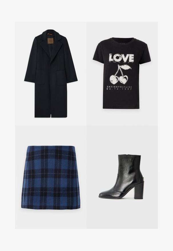 Tengerészkék gyapjú kabát, testre szabott sziluettel, lekerekített hajtókákkal, két elülső zsebbel és egyenes szabással. Sima textúra és minimális részletezés.; Fekete pamut póló, amelyen a "LOVE" szó fehér grafikával van nyomtatva, két cseresznyével és szívformával, valamint márkanevével és dátumával.; Sötét kék és tengerészkék kockás mini szoknya, puha anyagból, enyhén texturált felülettel. Egyenes vonalú és letisztult fazon.; Fekete bőr bokacipő sima textúrával, hegyes orral és vastag, magas sarkával. Oldalnyílással és minimalista dizájnnal rendelkezik.
