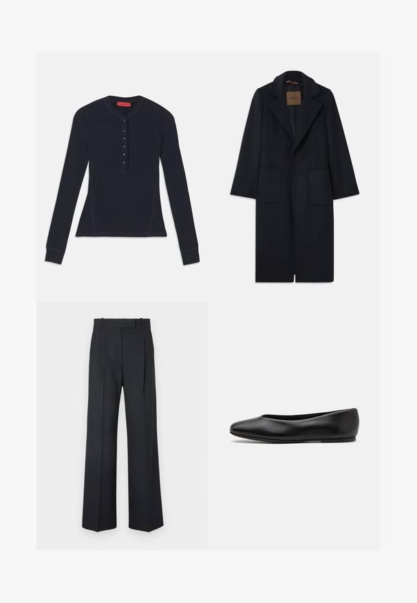 Marineblauer Wollmantel mit taillierter Silhouette, schmalen Revers, zwei vorderen Taschen und geradem Schnitt. Glatte Textur und minimale Details.; Langärmliges, navyblaues Henley-Shirt aus weichem Stoff, mit einer Knopfleiste mit sechs Knöpfen und Rippbündchen.; Dunkelblaue Nadelstreifenhosen mit hoher Taille, weit geschnittenem Bein und ohne sichtbare Beschläge oder Verzierungen. Glatte Textur und taillierte Passform.; Paul Smith TOPANGA - Klassischer Ballerina - black