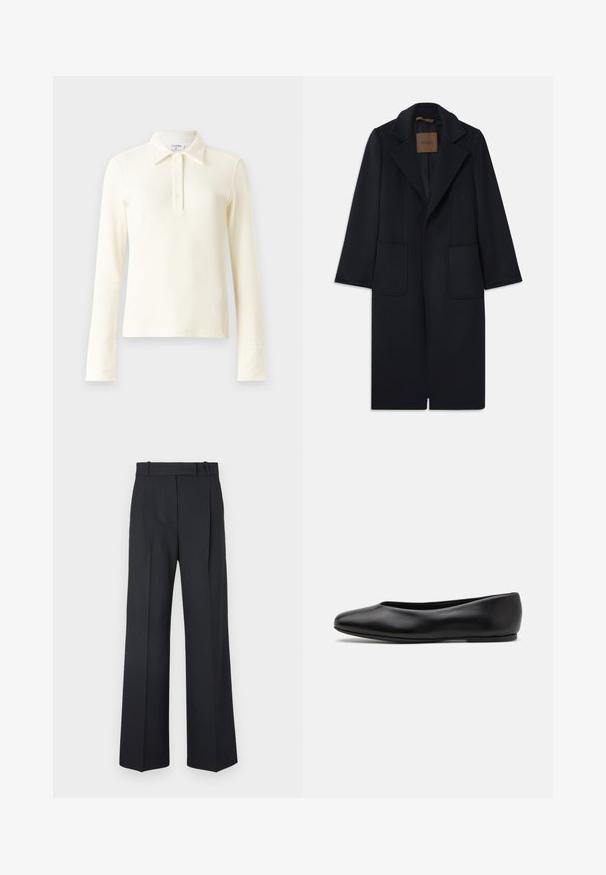 Marineblauer Wollmantel mit taillierter Silhouette, schmalen Revers, zwei vorderen Taschen und geradem Schnitt. Glatte Textur und minimale Details.; Cremfarbener, gerippter Langarm-Polohemd mit Kragen und einer Knopfleiste mit drei Knöpfen. Verfügt über eng anliegende Manschetten und einen weichen, strukturierten Stoff.; Dunkelblaue Nadelstreifenhosen mit hoher Taille, weit geschnittenem Bein und ohne sichtbare Beschläge oder Verzierungen. Glatte Textur und taillierte Passform.; Paul Smith TOPANGA - Klassischer Ballerina - black