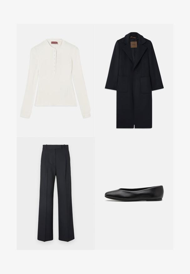 Navy wool coat with a tailored silhouette, notched lapels, two front pockets, and a straight cut. Smooth texture and minimal detailing.; Long-sleeved white ribbed top with a henley neckline and six-button placket, featuring fitted cuffs and a slightly tapered shape.; Dark blue pinstriped trousers with a high waist, wide leg design, and no visible hardware or embellishments. Smooth texture and tailored fit.; Paul Smith TOPANGA - Ballet pumps - black