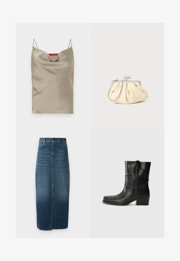 Jūras zila vilnas mēteli ar pielāgotu siluetu, ar atlocītiem klājiem, divām priekšējām kabatām un taisnu griezumu. Gluda tekstūra un minimāla apdare.; Satin camisole gaisā taupe krāsā ar plūstošu dekoltē, plānām regulējamām siksniņām un diognālo šuvju detalizāciju. Zīmola nosaukums sarkanā krāsā uz muguras.; Tumši indigo džinsu midi svārki ar priekšējo šķēlumu un vieglu izbalējumu. Klasicks piecu kabatu dizains ar metāla pogas aizdari.; Melna ādas potīte ar noapaļotu purngalu, bloku papēdi, sānu rāvējslēdzēju un šuvju akcentiem uz virsmas. Gluda tekstūra, klasiskā dizaina.; Rūpīgi pleatota bežīga ādas somiņa ar sudraba metāla rāmi, kurai ir divas apaļas dekoratīvas sprādzes un sudraba ķēdes siksna.
