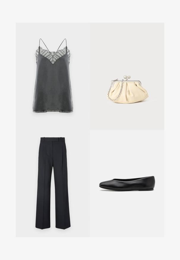Marineblå uldfrakke med skræddersyet silhuet, spidse klapper, to lommer foran og lige skæring. Glat tekstur og minimalistisk detaljering.; Satin grå camisole med tynde spaghetti-stropper og et gennemsigtigt, stribet blonderoverlæg ved halsudskæringen, som har et V-formet design.; Mørkeblå stribede bukser med høj talje, vidde bendesign og ingen synlig hardware eller dekorationer. Glat tekstur og skræddersyet pasform.; Paul Smith TOPANGA - Ballerinasko - black; Plisseret beige læderclutch med en sølvmetalramme, der har to runde dekorative låse og en sølvkædetrasporte.